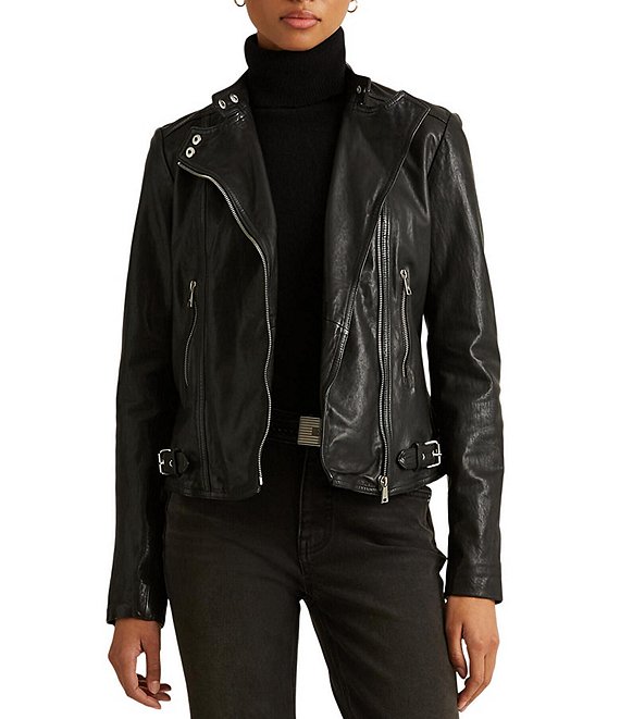 Color:Black - Image 1 - Lambskin Leather Long Sleeve Biker Statement Jacket