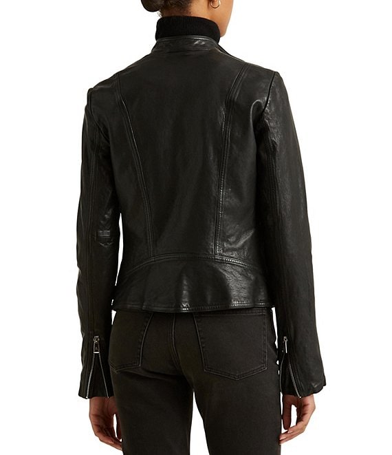Lauren Ralph Lauren Lambskin Leather Long Sleeve Moto Statement