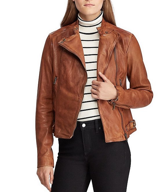 Color:Dark Walnut - Image 1 - Lambskin Leather Long Sleeve Moto Statement Jacket