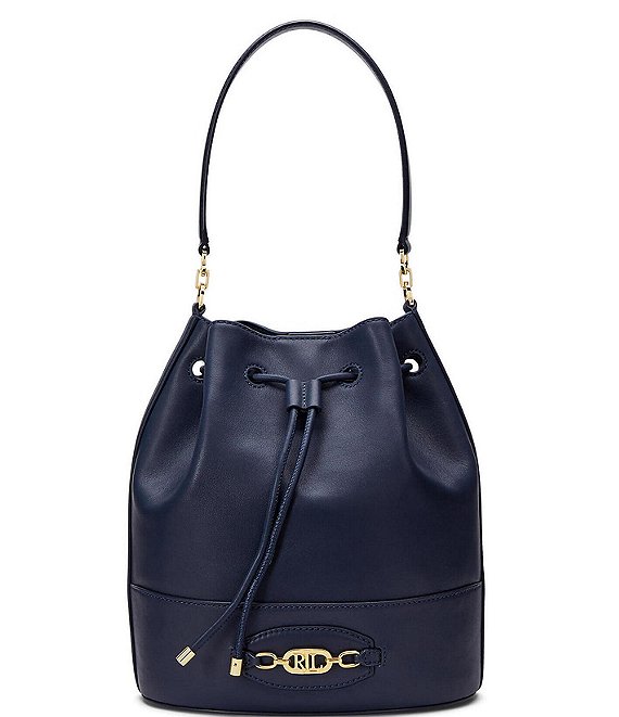 Color:Navy - Image 1 - Leather Large Andie Drawstring Bucket Bag