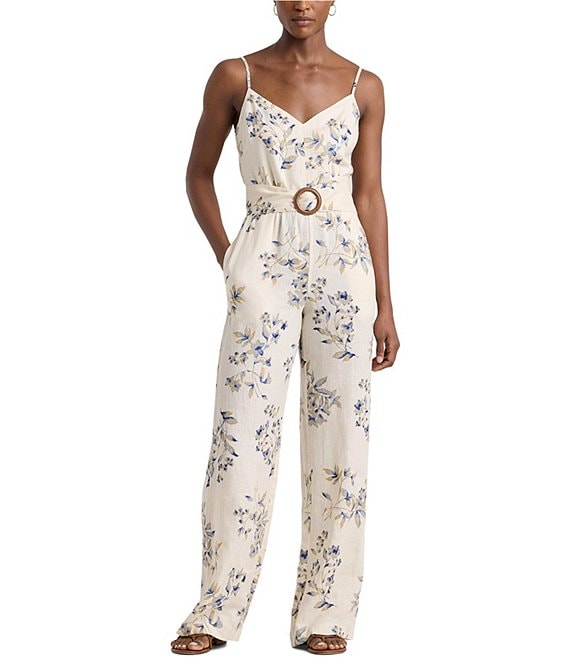 Lauren Ralph Lauren Linen Floral V Neck Wide Leg Belted Jumpsuit Dillard s