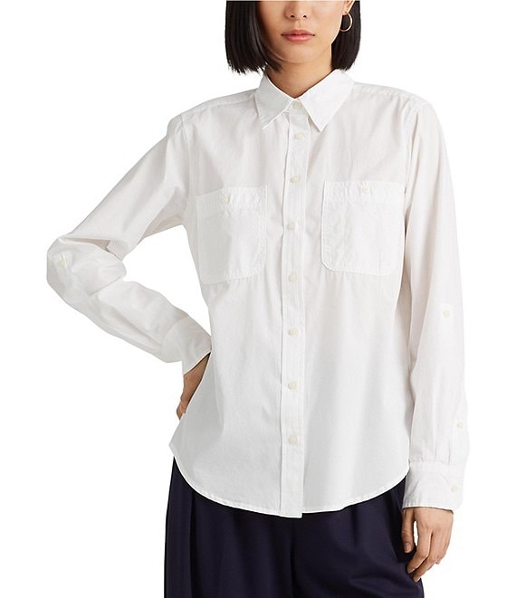 Lauren Ralph Lauren Long Roll-Tab Sleeve Button Front Cotton Shirt ...