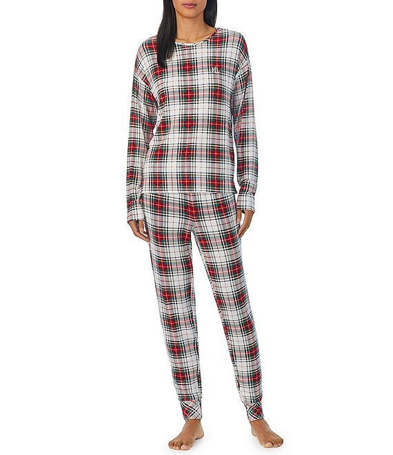 Lauren Ralph Lauren Long Sleeve Crew Neck Jogger Pant Plaid Pajama Set ...