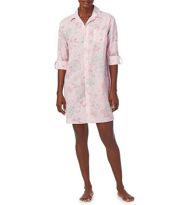 Lauren Ralph Lauren Long Sleeve Notch Collar Button-Front Woven Paisley Nightshirt - XL