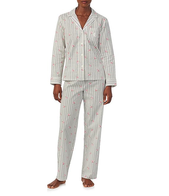 Lauren Ralph Lauren Long Sleeve Notch Collar Long Pant Woven Floral Striped Pajama Set - S