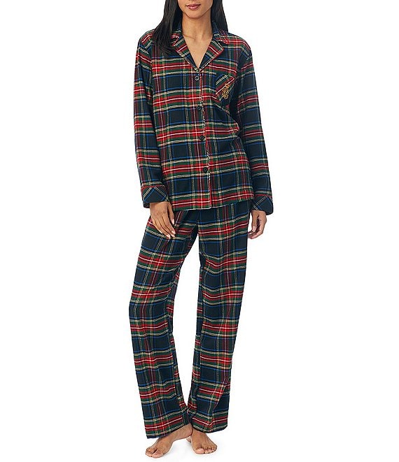 Lauren Ralph Lauren Long Sleeve Notch Collar Long Pants Brushed Twill Plaid  Pajama Set