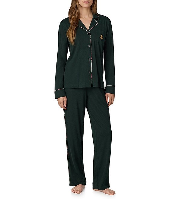 Lauren Ralph Lauren Long Sleeve Notch Collar Plaid Trim Knit Pajama Set