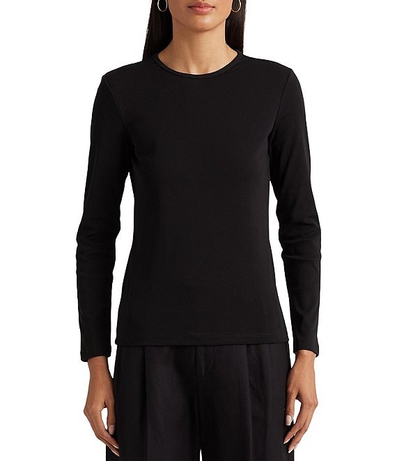 Color:Black - Image 1 - Long Sleeve Stretch Cotton T-Shirt