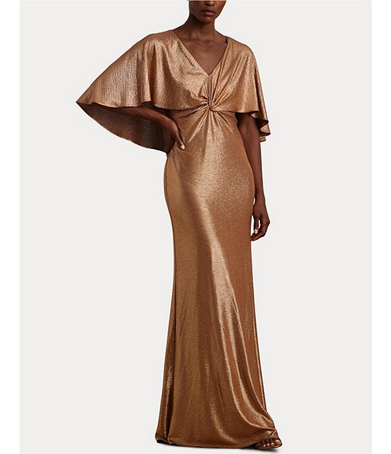 Lauren Ralph Lauren Metallic Knit Twist Front V Neck Short Cape Flutter Sleeve Column Gown