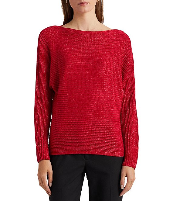 Color:Red - Image 1 - Metallic Long Sleeve Boat Neck Sweater
