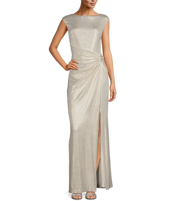 Color:Cream/Gold - Image 1 - Metallic Round Neck Front Slit Ruched Waist Gown