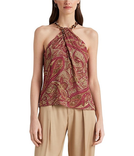Color:Taupe Multi - Image 1 - Paisley Halter Neck Coordinating Keyhole Blouse