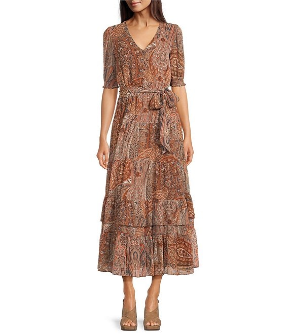 Lauren Ralph Lauren Paisley Print Belted Crinkle Georgette Dress, Cream Multi - Image 1