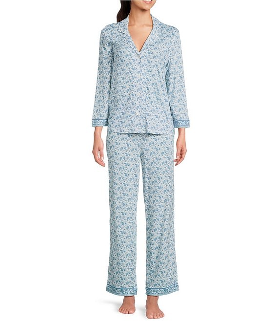 Lauren Ralph Lauren Paisley Print Border Print 3/4 Sleeve Notch Collar Knit Long Pajama Set, Blue Paisley - Image 1