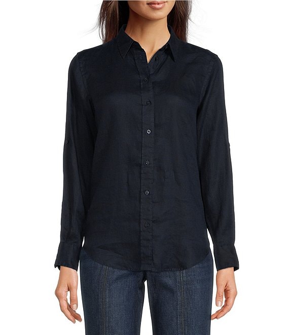 Color:Lauren Navy - Image 1 - Petite Size Collared Long Sleeve Pleated Cuff Button Front Shirt