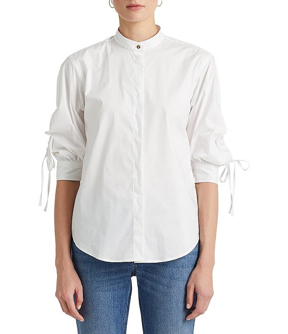 Color:White - Image 1 - Petite Size Cotton Blend Band Collar 3/4 Ruched Sleeve Button Front Shirt