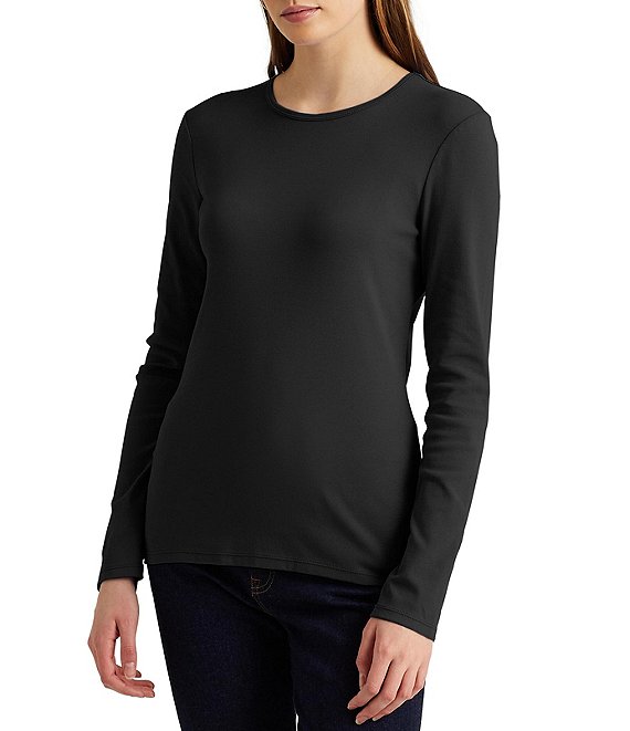 Color:Polo Black - Image 1 - Petite Size Cotton-Blend Crew Neck Long Sleeve Top