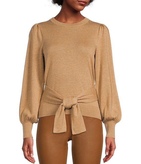 Color:Camel - Image 1 - Petite Size Crew Neck Long Puff Sleeve Self-Tie Belt Sweater