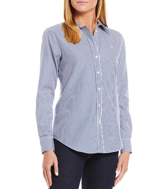 Color:Blue/White - Image 1 - Petite Size Easy Care Point Collar Shirttail Hem Long Cuff Sleeve Shirt