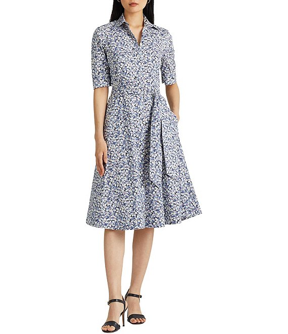 Belted cotton-blend poplin midi dress