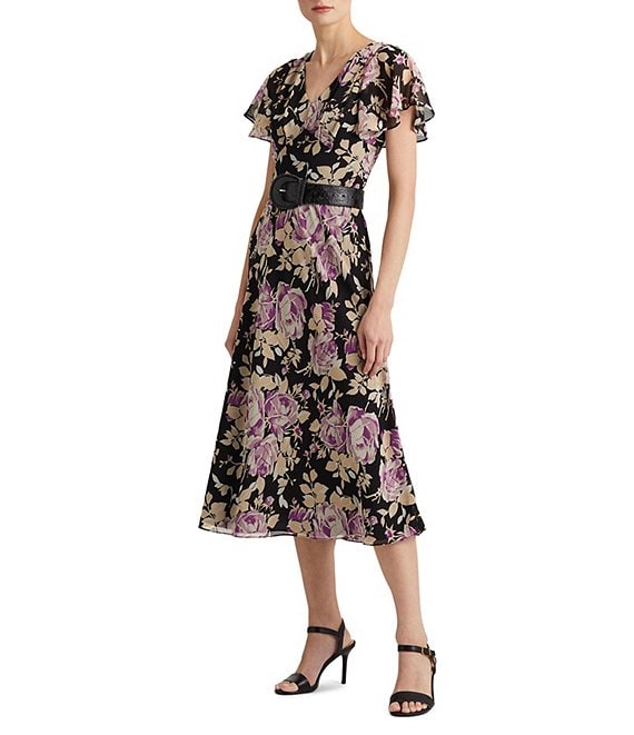 Color:Black/Lavender/Cream - Image 1 - Petite Size Floral Print V-Neck Short Flutter Sleeve Crinkled Georgette Dress
