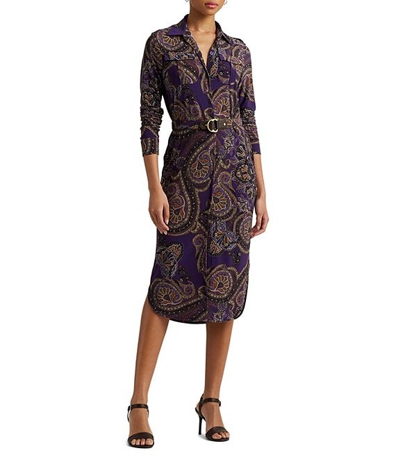 Color:Purple Multi - Image 1 - Petite Size Paisley Print Stretch Jersey Belted Shirt Dress