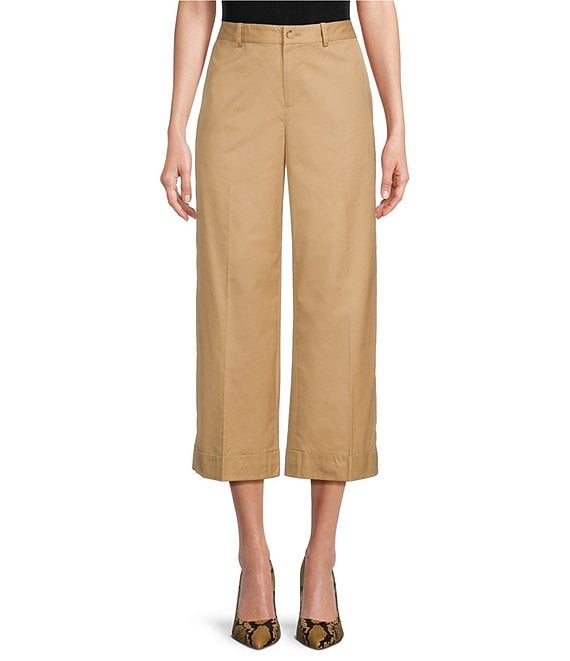 Color:Birch Tan - Image 1 - Petite Size Pleated Cotton Twill Cropped Wide Leg Coordinating Pants