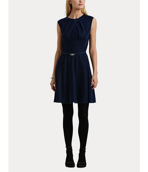 Lauren Ralph Lauren Petite Size Pleated Gathered Round Neck Cap Sleeve Fit Flare Belted Velvet Dress Dillard s