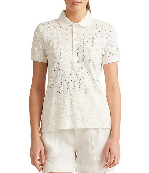 Color:White - Image 1 - Petite Size Short Sleeve Eyelet Jersey Polo Collar Shirt