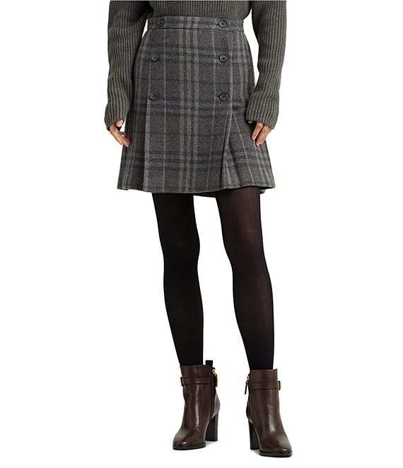 Lauren Ralph Lauren Women's Plaid Pleated Wool-Blend Tweed Miniskirt, Grey, 14