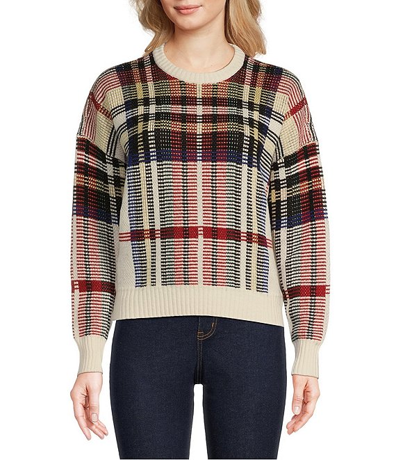 Color:Multi - Image 1 - Plaid Wool Blend Long Sleeve Crew Neck Sweater