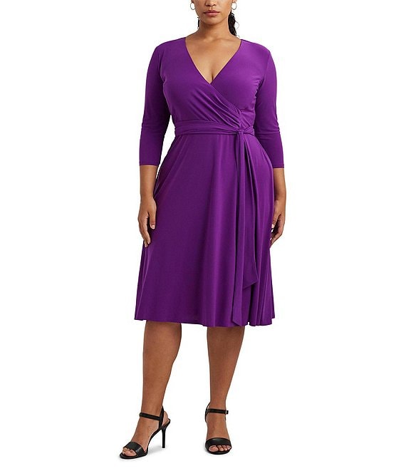 Lauren Ralph Lauren Plus Size 3/4 Sleeve V-Neck Faux Wrap A-Line Dress ...