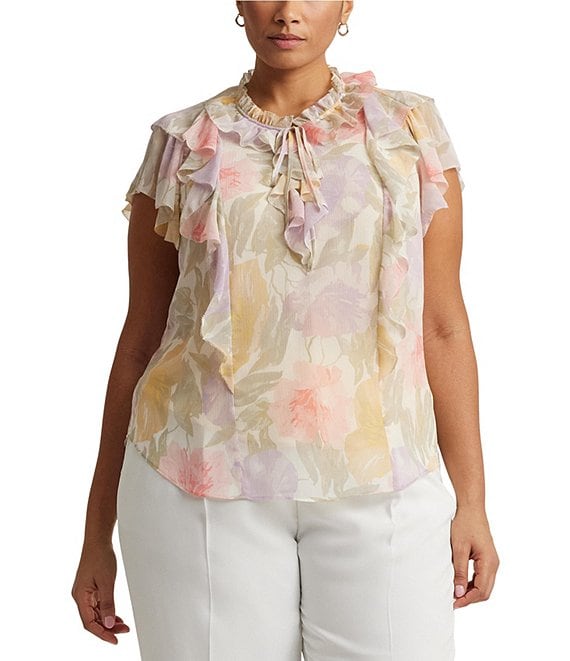Lauren Ralph Lauren Plus Size Crinkle Georgette Floral Ruffled Tie Neck Short Sleeve Blouse, Womens, 2X, Cream/Multi