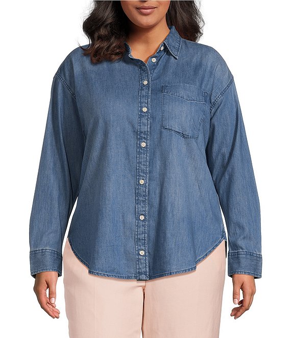 Lauren Ralph Lauren Plus Size Denim Twill Point Collar Long Sleeve  Button-Front Shirt | Dillard's