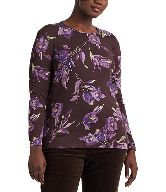 Lauren Ralph Lauren Plus Size Floral Cotton Stretch Long Sleeve Crew  Neckline Shirt