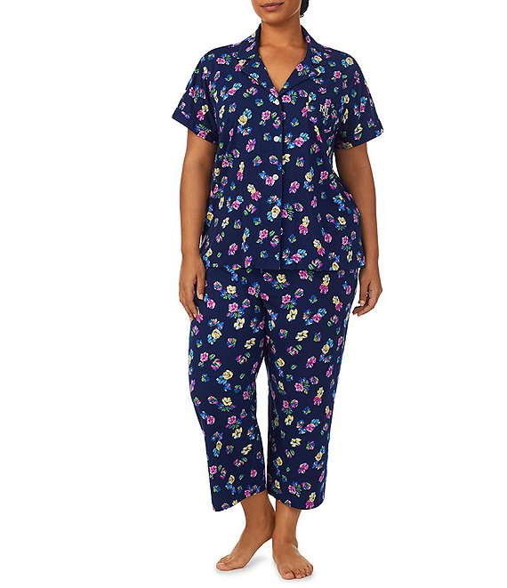 Lauren Ralph Lauren Plus Size Floral Print Short Sleeve Notch Collar Capri  Jersey Knit Pant Pajama Set