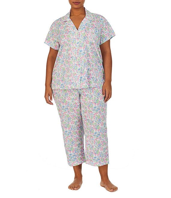 Lauren Ralph Lauren Plus Size Floral Print Short Sleeve Notch Collar Knit  Pajama Set | Dillard's