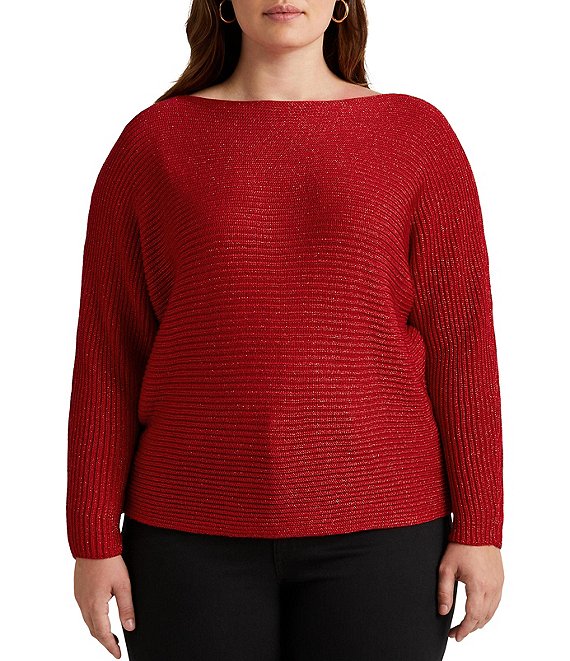 Color:Lipstick Red Lurex - Image 1 - Plus Size Gold Metallic Boat Neck Dolman Long Sleeve Statement Sweater