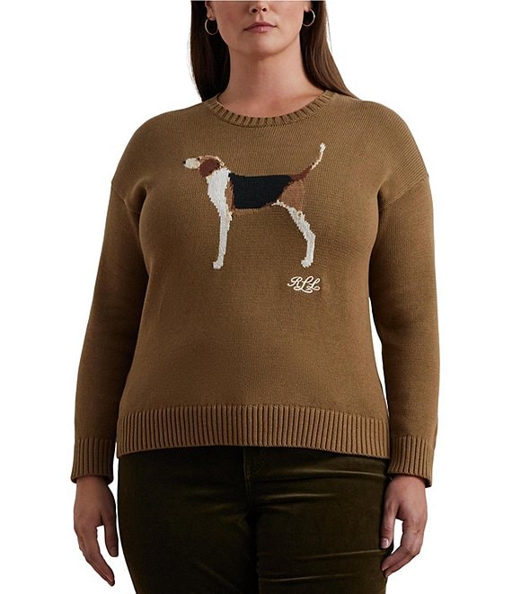 Lauren Ralph Lauren Women s Plus Size intarsia knit Beagle Cotton Sweater Tan 3X