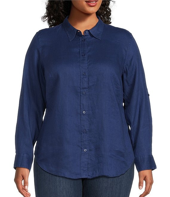 Lauren Ralph Lauren Plus Size Karrie Linen Roll-Tab Sleeve Collared Button Down Collared Shirt - 3X