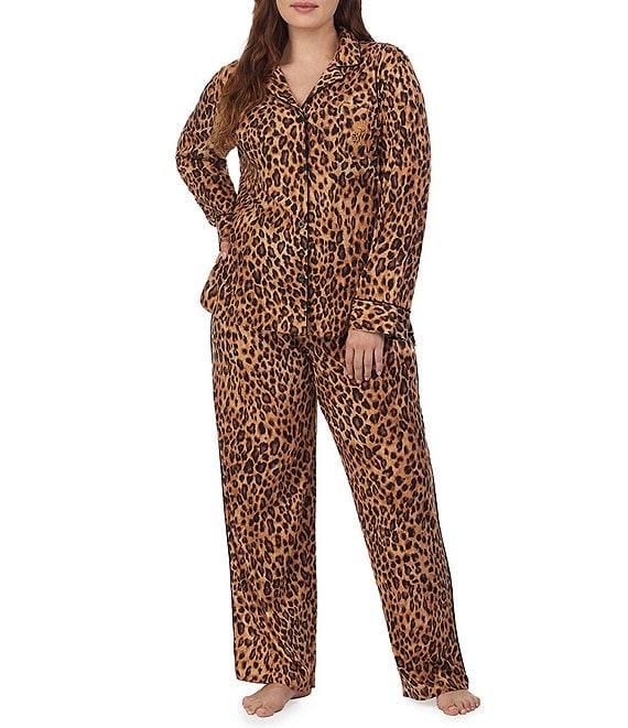 Lauren Ralph Lauren Plus Size Leopard Print Notch Collar Long Sleeve Pajama Set
