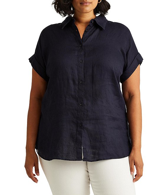 Lauren Ralph Lauren Plus Size Point Collar Short Sleeve Linen Shirt, Womens, 1X, Pink Opal