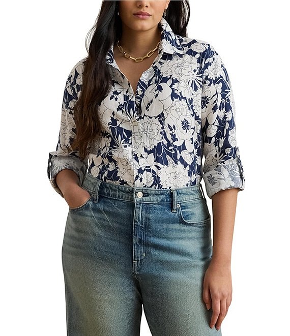 Lauren Ralph Lauren Plus Size Linen Floral Point Collar Long Roll-Tab Sleeve Button-Front Shirt, White/Navy - Image 1