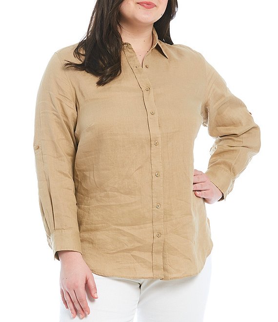 Color:Spring Khaki - Image 1 - Plus Size Point Collar Long Roll-Tab Sleeve Button Front Linen Shirt