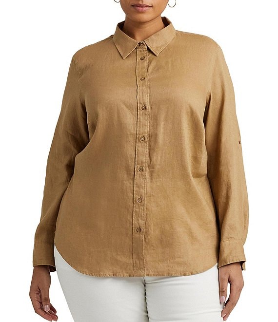 Lauren Ralph Lauren Plus Size Point Collar Long Roll-Tab Sleeve Button  Front Linen Shirt