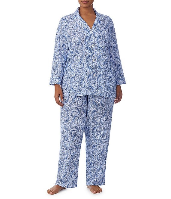 Color:Paisley - Image 1 - Plus Size Paisley Print Long Sleeve Notch Collar Knit Pajama Set