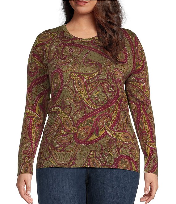 Color:Taupe - Image 1 - Plus Size Paisley Print Crew Neck Long Sleeve Sweater Top