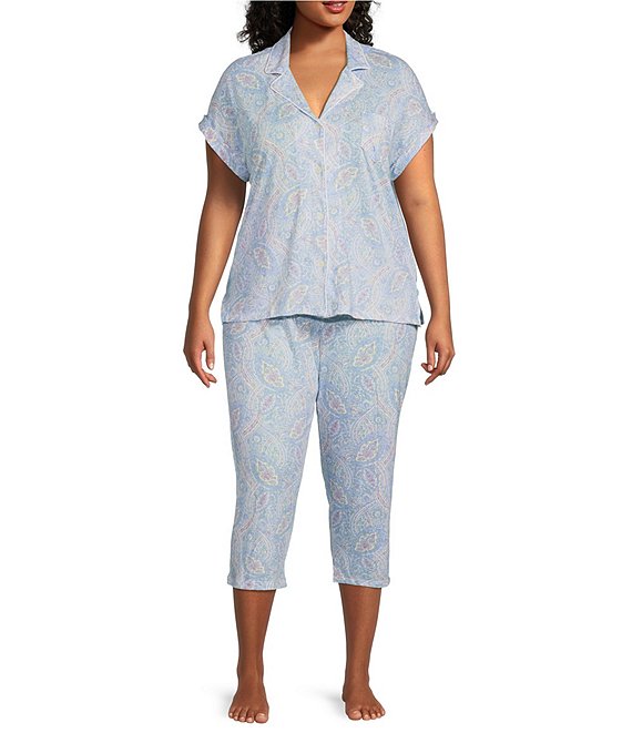 Lauren Ralph Lauren Plus Size Paisley Print Notch Collar Short Sleeve Button Front Crop Pajama Set
