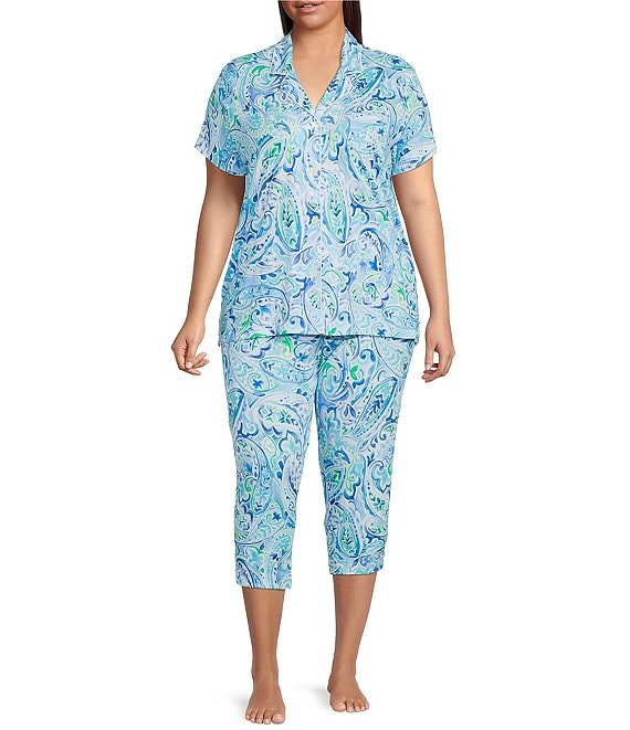 Color:Blue Paisley - Image 1 - Plus Size Paisley Print Notch Collar Short Sleeve Knit Pajama Set