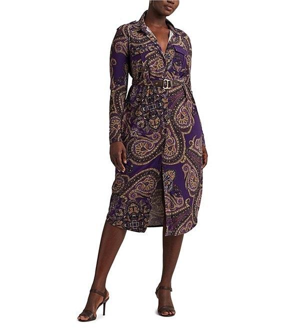 Color:Purple Multi - Image 1 - Plus Size Paisley Print Stretch Jersey Belted Shirt Dress